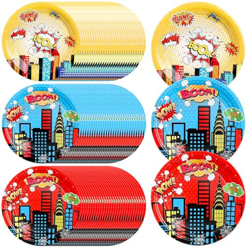 Zhehao 120 Pcs Hero Party Plates 7 Inch Heroes Round Paper Plates Disposable Dinner Plates Red Blue Yellow Decorative Paper Plates for Birthday Hero Theme Party Tableware Decorations