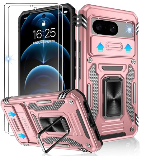 Jshru for Google Pixel 8 Case with Screen Protector [2 Pack] and Slide Camera Cover, Military Grade Shockproof Case with Ring Kickstand, Armour Phone Cover for Google Pixel 8, Rose Gold