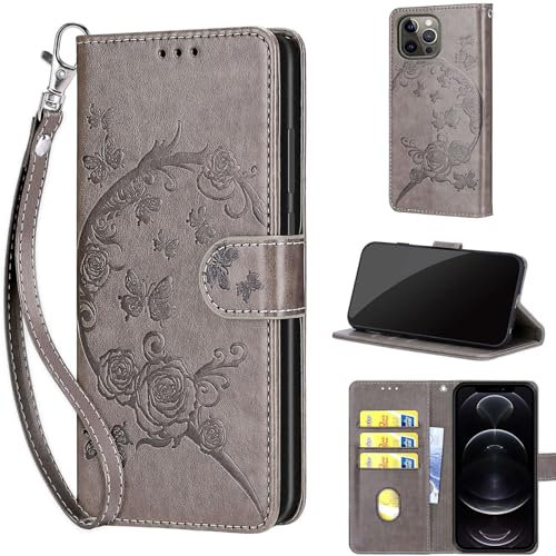 for iPhone 13 Pro Max Case, Embossed Premium PU Leather Folio Flip Notebook Wallet Cover Compatible with iPhone 13 Pro Max Phone Case [Magnet Closure][Kickstand][Card Slots], Gray Flower