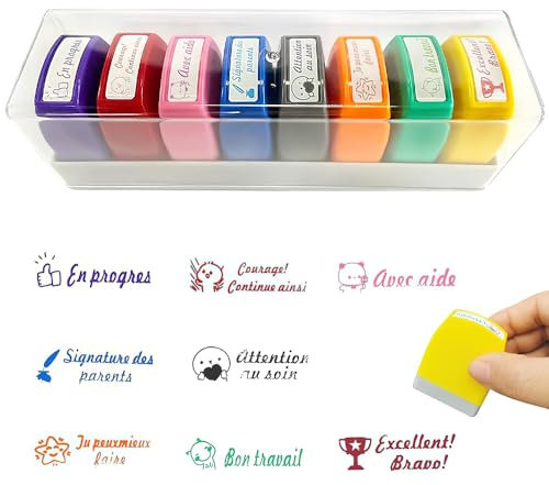 AEUZWR Lot de 8 Tampons Enseignants Français, Tampon Encreur Enseignant Français, Tampon Auto Encreur pour Cadeau Professeur Tampon Ecole avec Plastique Boîte pour Encourager Élèves, Multicolore