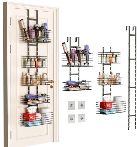 5-Tier Over The Door Bathroom Organizer - Hair Dryer Holder - Hair Tool Organizer Adjustable Height, DIY Bathroom Storage Shelf Wall Mounted for Flat/Curling Irons, Hair Straighteners, Skincare