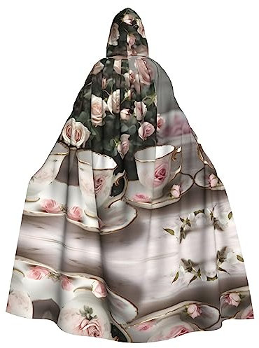 berbo Tea Cups with Roses Romantic Shabby Mystical Hooded Cloak - Unisex Hooded Cloa,Perfect for Carnival Fancy Dress Cosplay, Carnival Party Cloak