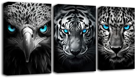LZIMU Schwarz Weiß Tiere Wandbild 3er-Set Adler Tiger Leopard mit blauen Augen Leinwand Kunstdrucke Wildtierbild Wanddekoration für Büro (C, 30.00 x 40.00 cms x 3PCS)