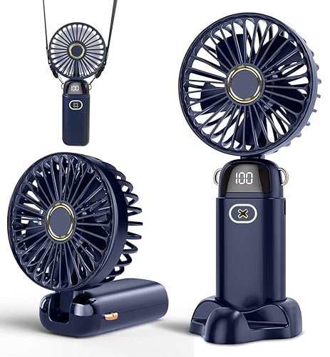 EcoNour Portable Handheld Fan | USB Rechargeable Mini Fan with 5 Speeds | LED Display and Foldable Design | Battery Operated Mini Fan for Home, Office, Bedroom, and Travel