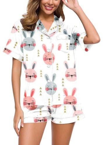 Ostern Pyjama Set Damen Zweiteiler Osterhase Druck Schlafanzug Set Bequeme Revers Cami Bluse Kurzärm mit Knöpfen Y2K Damen 2-teiliges Bequeme Weich Schlafanzug mit Shorts