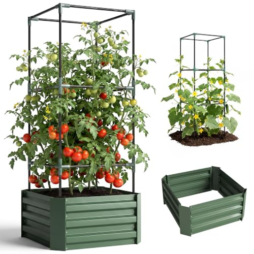 Outsunny Hochbeet mit Rankhilfe Höhenverstellbar Grün 61x61x140 cm