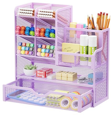 Marbrasse Organizer Scrivania in Rete,Porta Penne per Scrivania, Multifunzione Organizer da Cassetti per Casa Ufficio Cancelleria(Viola)