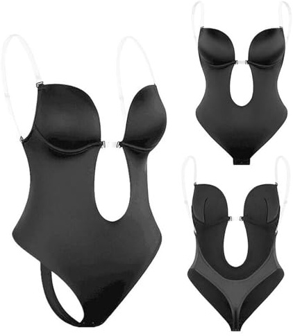 GWAWG Shapewear Bodysuit Women, Women's Deep V-Neck Clear Strap Body Bra for Parties, Dresses, Weddings (Black, M)