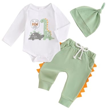 Hello Im New Here Neugeborene Baby Junge Kleidung Set Dinosaurier Druck Langarm Body und Hose Baumwolle Babykleidung Set Herbst Winter Bekleidungssets für Baby Jungen Outfits (Weiß, 0-3 Monate)