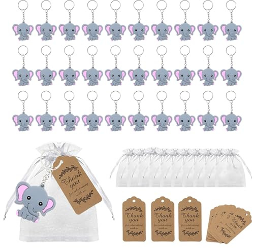 RHQFDM Elefanten-Schlüsselanhänger Set als Gastgeschenk | Taufe Gastgeschenke, 30 Sets, Rosa, Silikon, mit Organza Beutel & Dankeskarte, für Kirche/Geburtstag