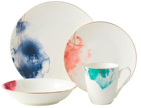 Dinner Set for 1, Premium Quality Fine China Dinnerware, Water Colour 4 Piece Tableware Comes with Dinner Plates Side Plates and Pasta Bowls with Gold Banding (Dinner Set for 1)