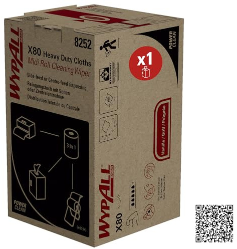 WypAll X80 Power Clean Reinigungstücher 8252, weiße Wischtücher für schwere Reinigungsaufgaben, 2-in-1 Midi-Rollenreinigungssystem, 1 Rolle x 180 Wischtücher