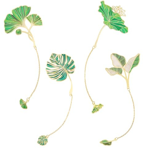 Marque-Pages en Métal 4pcs - Pendentif Marque-Page Floral Feuille Bananier Feuille de Lotus Monstera pour Livre - Cadeau pour Enseignant, Écrivain, Lecteur