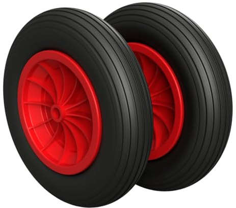 2 x PU Rad Ø 350 mm 3.50-8 Gleitlager Schubkarrenrad Reifen PANNENSICHER, schwarz/rot