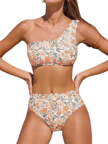 CUPSHE - Bikini pour femme - Une épaule - Bord ondulé - Taille mi-haut - Assymétrique - Maillot de bain 2 pièces, L