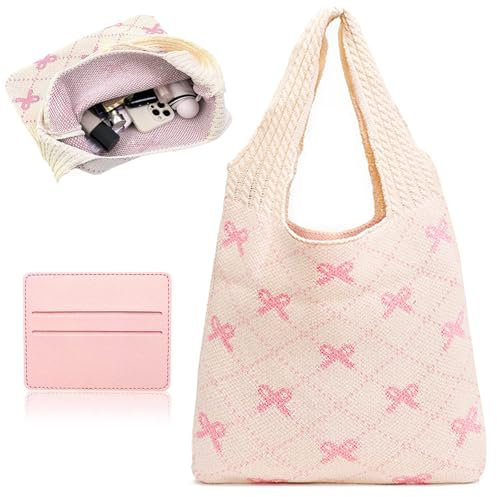 Beige Häkeltasche mit Rosa Schleifen, Gehäkelte Einkaufstasche Kommt mit 1 Stück Rosa Kartenhalter, Herzförmige Strandtaschen-Handtasche für Damen, Strick-Tote Tasche, Perfekt für Mädchen und Damen