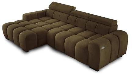 Ecksofa BULL 285x168x77/97 cm, Linke Seite Mit Schlaffunktion, Elektrisch Ausziehbarer Sitzfläche, Verstellbaren Kopfstützen, Dunklen Buchenholzfüßen, Hydrophobem SALVADOR-Bezugstoff - Esche
