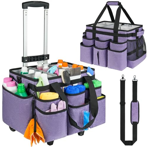 ZIOZERTT Large Rolling Cleaning Caddy Bag with Detachable Trolley,Cleaning Cart on Wheels with Shoulder Strap,Cleaning Supplies Organizer for Housekeepers,Purple