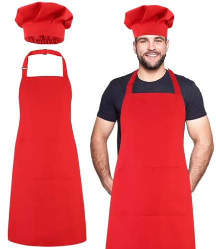 Livdouyu Kochmütze und Schürze Set mit Zwei Taschen Rot | Verstellbare hohe Kochschürze,wasserdichte Küchen Backschürze und elastischer Kochmütze für Männer und Frauen
