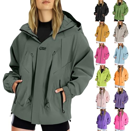 Waterproof Jacket Lightweight for Women Waterproof Coat Long Sleeve Full Zip Raincoat Women Jackets Windbreaker with Hood Casual Rain Coat for Hiking Walking Cycling Outwear