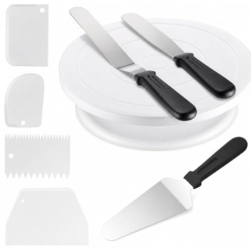 8 Pcs Cake Decorating Kit with 1 Rotating Cake Stand, 3 Palette Knives & 4 Icing Smoothers, Professional White Baking Turntable Set for Beginners & Pros