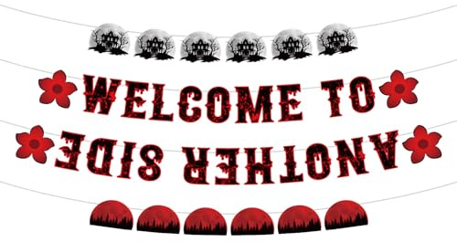 SAVITA Willkommen Auf der Anderen Seite Banner, Schwarz und Rot Gruselwald Geburtstagsbanner Fertig Aufgehängt Wanddekoration für Halloween und Geburtstagsfeiern