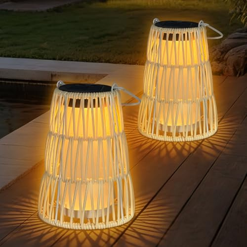 Garten Solarlampen für Außen Hängend, 2 Stück Metall Rattan Solar Laternen für Draußen im Boho-Stil, IP65 Wasserdicht Solarlaterne Solarleuchten Garten für Außen Patio Terrasse Balkon Deko Wetterfest