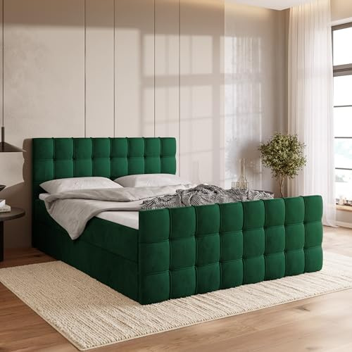 BROMARKT Boxspringbett mit Matratze 180x200 Dunkelgrün Bett Doppelbett mit Topper Boxbett mit Stauraum Polsterbett mit Bettkasten Kopfteil Härtegrad H3 Detroit Duo