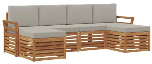 vidaXL Sofagarnituren 6 pcs Natürlich und Hellgrau Massivholz Akazie, Outdoor-Sofa, modernes Gartenmöbel, langlebiges Ecksofa, Terrasse Lounge, Sitzgruppe für die Veranda