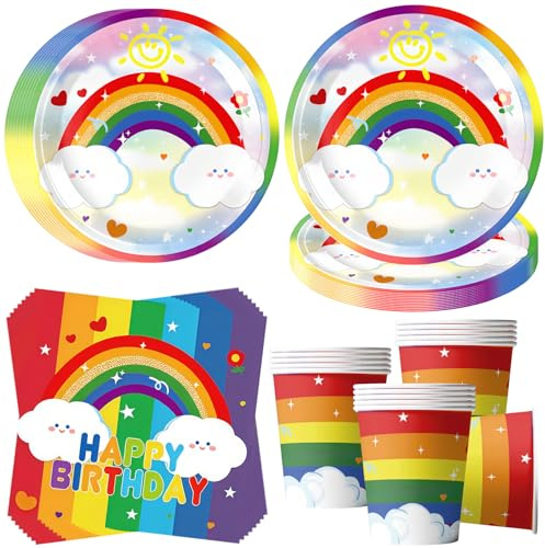 Cheukka Set di stoviglie per feste arcobaleno per 16 ospiti, 52 pezzi Set di piatti per compleanno Happy Birthday, piatti di carta arcobaleno, tovaglioli e bicchieri per feste di compleanno per