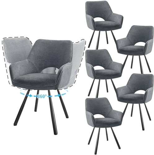 JIJIAN 6er Set 360° Drehbare Esszimmerstühle mit Armlehnen, Grau | Drehbar Stühle Esszimmer mit Metallbeinen, Moderner Küchenstuhl aus Cord, Polsterstuhl für Esszimmer, Küche, Wohnzimmer