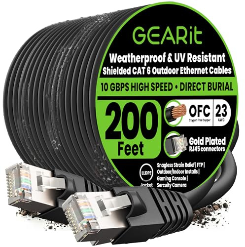 GearIT Cavo Ethernet per esterni Cat6 (61 m) 23AWG puro rame, FTP, LLDPE, impermeabile, sepoltura diretta, messa a terra, resistente ai raggi UV, POE, rete, LAN, Internet, Cat 6, cavo Cat6-60 metri