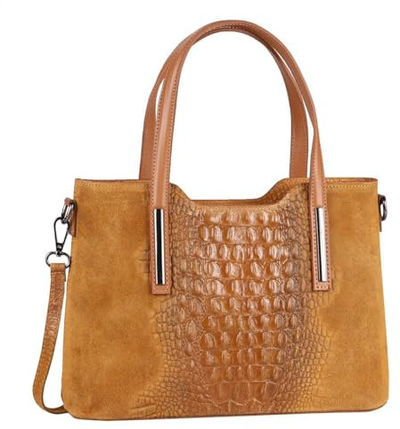 OBC Made IN Italy Damen Echt Leder Tasche Kroko-Prägung Business Shopper Schultertasche Handtasche Ledertasche Umhängetasche Wildleder Cognac