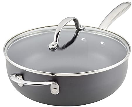 Rachael Ray Professional Hard Anodized Nonstick Sauce Pan/Saucepan/Saucier with Helper Handle and Lid, 4 Quart - Gray