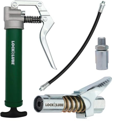 LockNLube Mini Grease Gun Kit. Includes Our Patented Grease Coupler (Locks on, Stays on, Won't Leak!) Plus a 12 Hose and in-line Hose Swivel.