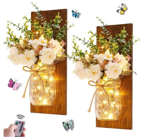 GUANSHAN 1PC Einmachglas Wandleuchten, LED-Streifenleuchten mit künstlicher Blume und Holzplatte Rustikale Wandleuchten Hängelaterne für Schlafzimmer, Garten, Wanddekoration