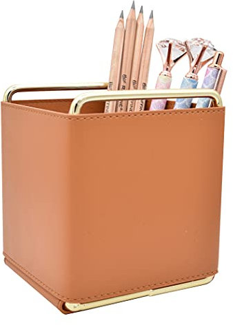 SIPLIV Pot à crayons en cuir pour fournitures de bureau Organiseur de bureau Organiseur en fer pour pinceaux de maquillage Télécommande Boîte de rangement pour bureau Marron