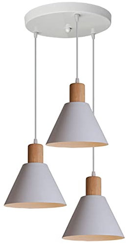 Hongho Lampada a sospensione vintage in legno metallo lampadario industriale 3 lampade E27 corda regolabile per soggiorno cucina camera da letto bianco
