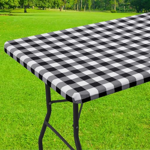 Smiry Rectangle Picnic Table Cloth, Elastic Waterproof Fitted Vinyl Tablecloths, Flannel Backed Buffalo Plaid Table Covers for Dining, Camping, Outdoor (Black and White, 30 x 72)