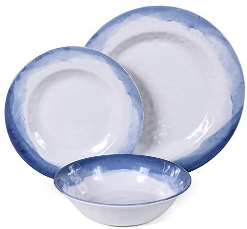 Juego de vajilla de melamina, juego de 12 platos y cuencos de melamina para 4, adecuado para uso en interiores y exteriores, azul