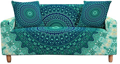 Highdi Sofabezug Sofaüberwürfe für 1/2/3/4 Sitzer, Böhmen Drucken Armlehnen Sofa Cover Elastisch Stretch Antirutsch Sofa Cover Sofahusse Couchbezug Möbelschutz (4 Sitzer,Türkis)