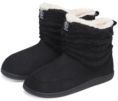 GURGER Hausstiefel Damen Hüttenschuhe Herren Plüsch Gefüttert Hausschuhe Hohe Winter Hüttenstiefel Warm Boot Slipper Feste Sohle Schwarz Größe 40 41