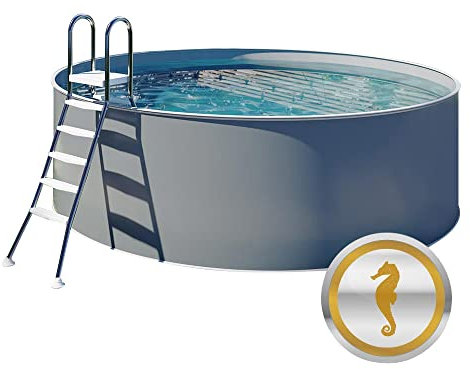 Rundpool AUFGESTELLT - Umfangreiches Komplettset - Hochwertiges Stahlwand Schwimmbecken in Anthrazit - Inkl. Wärmepumpe Sandfilter Leiter Vlies Skimmer Solarplane Anschluss UVM. (Ø 5,00 x 1,20 m)