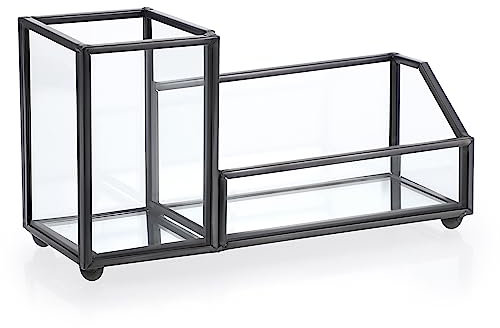 Hipiwe Visitenkartenhalter aus Glas, Metall, Stifthalter, für Schreibtisch, transparent, für Büro, Zuhause, 2 Fächer, Schwarz