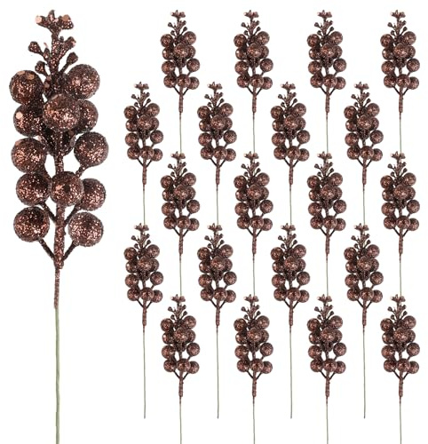 DIYASY Glitter Berry Stems for Christmas Tree Ornaments,20Pcs Brown Picks and Sprays Artificial Branches Xmas Tree Filler Holiday Wreath Garland Decorations Home Décor 7.8 Inch