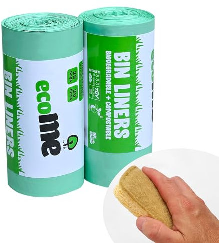 ecoME | 30L Extra Thick Kitchen Bin Bags – X50 Bin Liners 100% Compostable & Biodegradable | EN 13432 Certified | UK Seller (30L - 50 BAGS) | x2 Free Eco Sponges