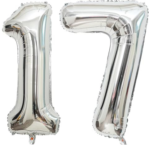 101,6 cm großer Luftballon, Zahl Silber, Helium, Zahlenballon, selbstdichtend für Geburtstagsparty-Dekorationen und Jubiläums-Party-Dekor (Silber 17)