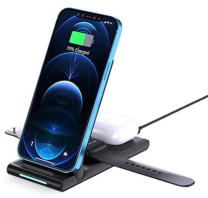 MMOBIEL Wireless Charger Stand Compatible with iPhone, Apple Watch and AirPods - Foldable 3-in-1 Wireless Fast Charger Compatible with Qi Magsafe Charging - Wireless Charging Stand for Phone - Black