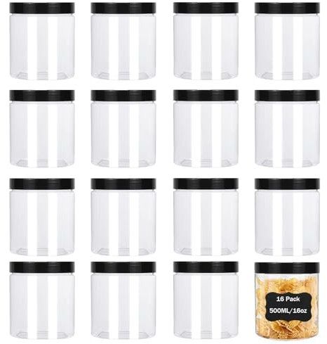 ZEONHEI Paquete de 16 tarros de plástico de 500 ml con tapas negras y calcomanías, pequeños tarros transparentes de plástico rellenables, tarros redondos vacíos de almacenamiento de alimentos para