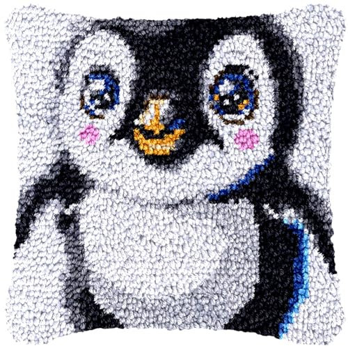 Niedliches Tier-Knüpfkissen-Set, Diy-Kissenbezug Zum Basteln Mit Kleinem Pinguin-Muster, Bedruckte Leinwand Für Anfänger, Diy-Kissenbezug-Set Für Kinder Und Erwachsene, Wie Abgebildet, 17 X 17 Z